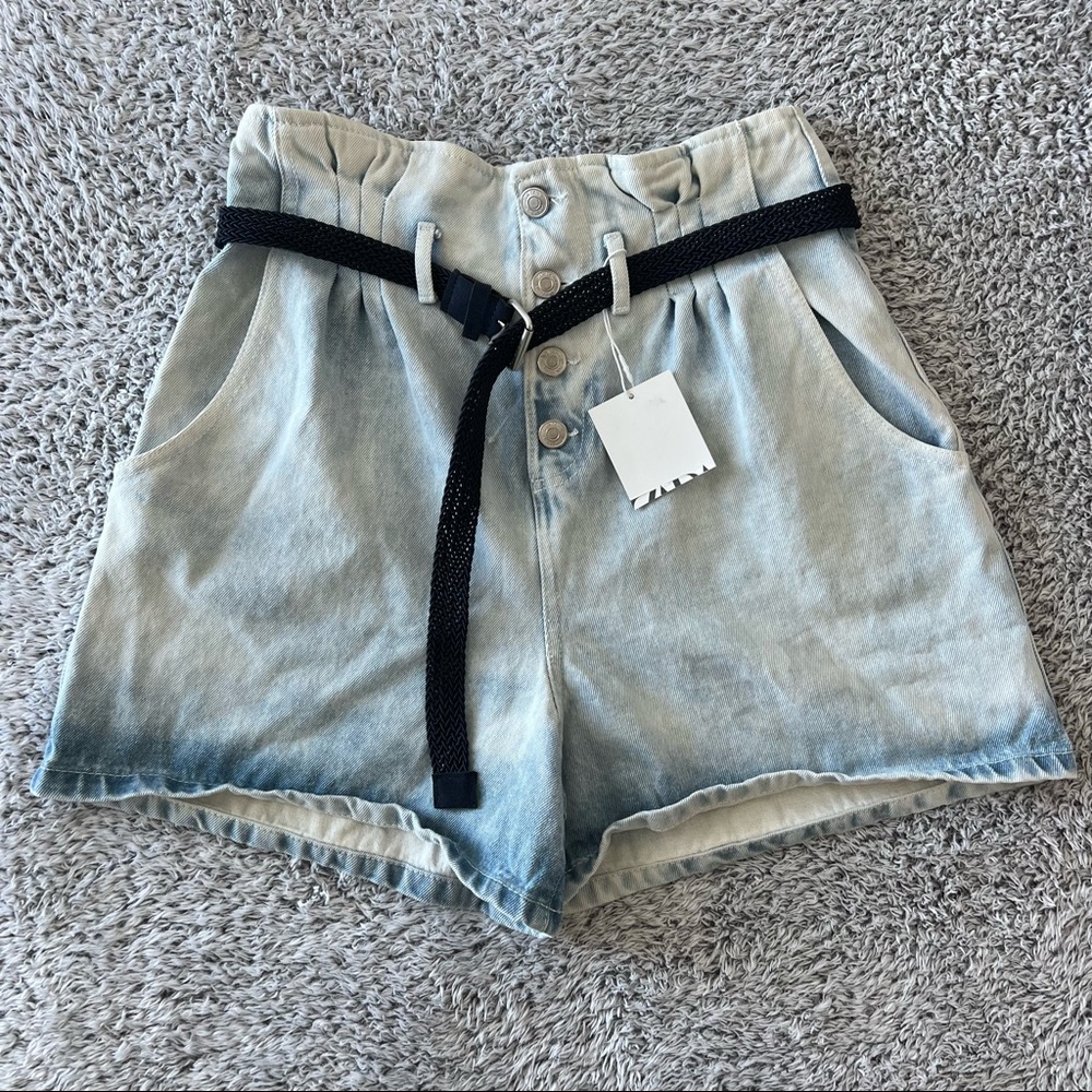 Zara Ombre Denim Shorts Sz M High Waist Pockets Belted